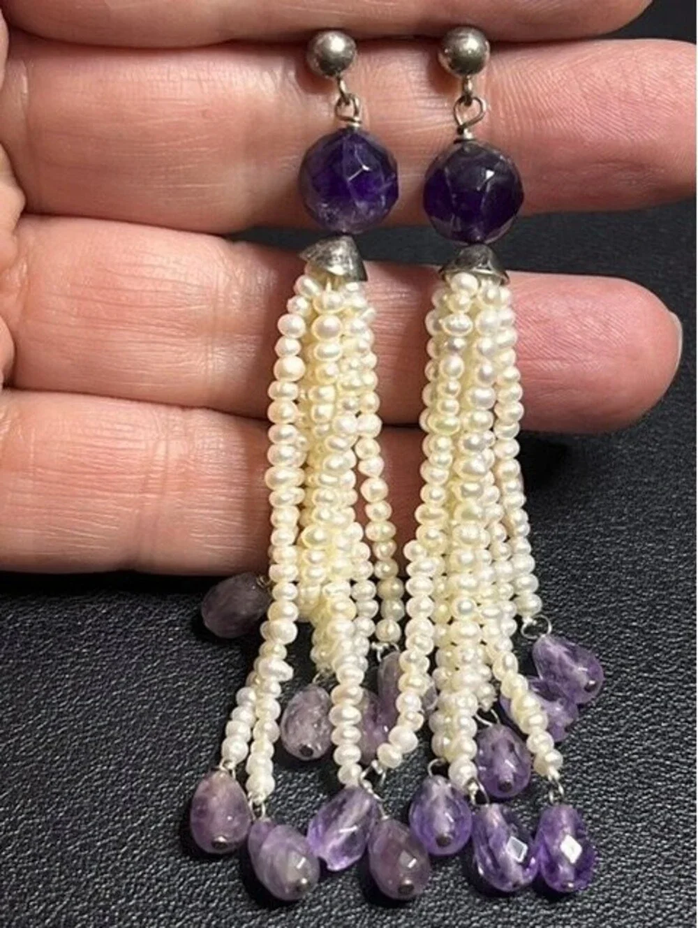 B6591 Amethyst Freshwater Pearl Tassel Dangle Sterling Silver Long Earrings 3.2